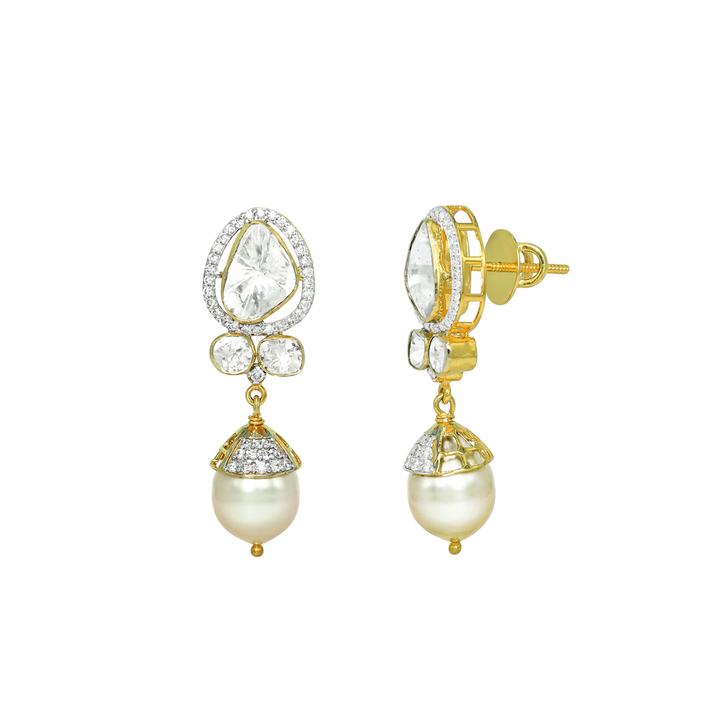 Teardrop Polki Earrings with Diamonds and Pearl Drop